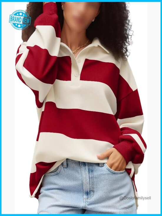 Tops - Y2K Oversized Rugby Polo Sweatshirt Long Sleeve V-Neck Collared Streetwear